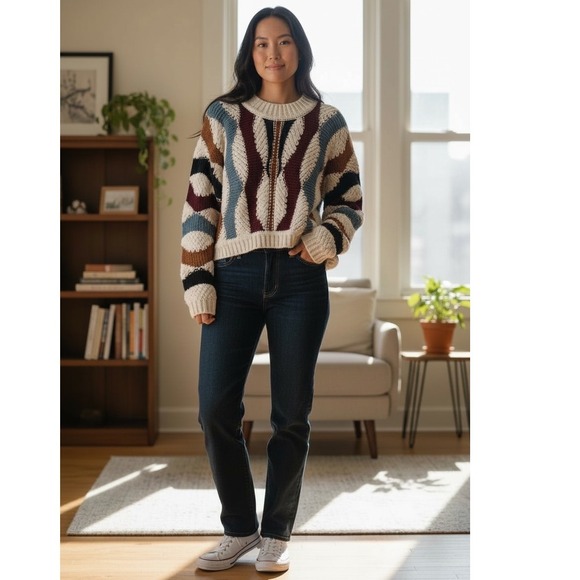 ryegrass Sweaters - RYEGRASS Chunky Knit Cropped Sweater Retro‎ Geometric Pattern Pullover M